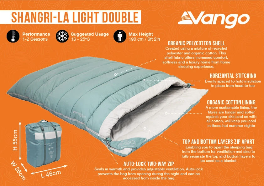 Vango Shangri-La Light Double Sleeping Bag (2023) Vango Shangri-La Light Double Sleeping Bag (2023) -Outdoor Camping Store shangri la light double infographic 1